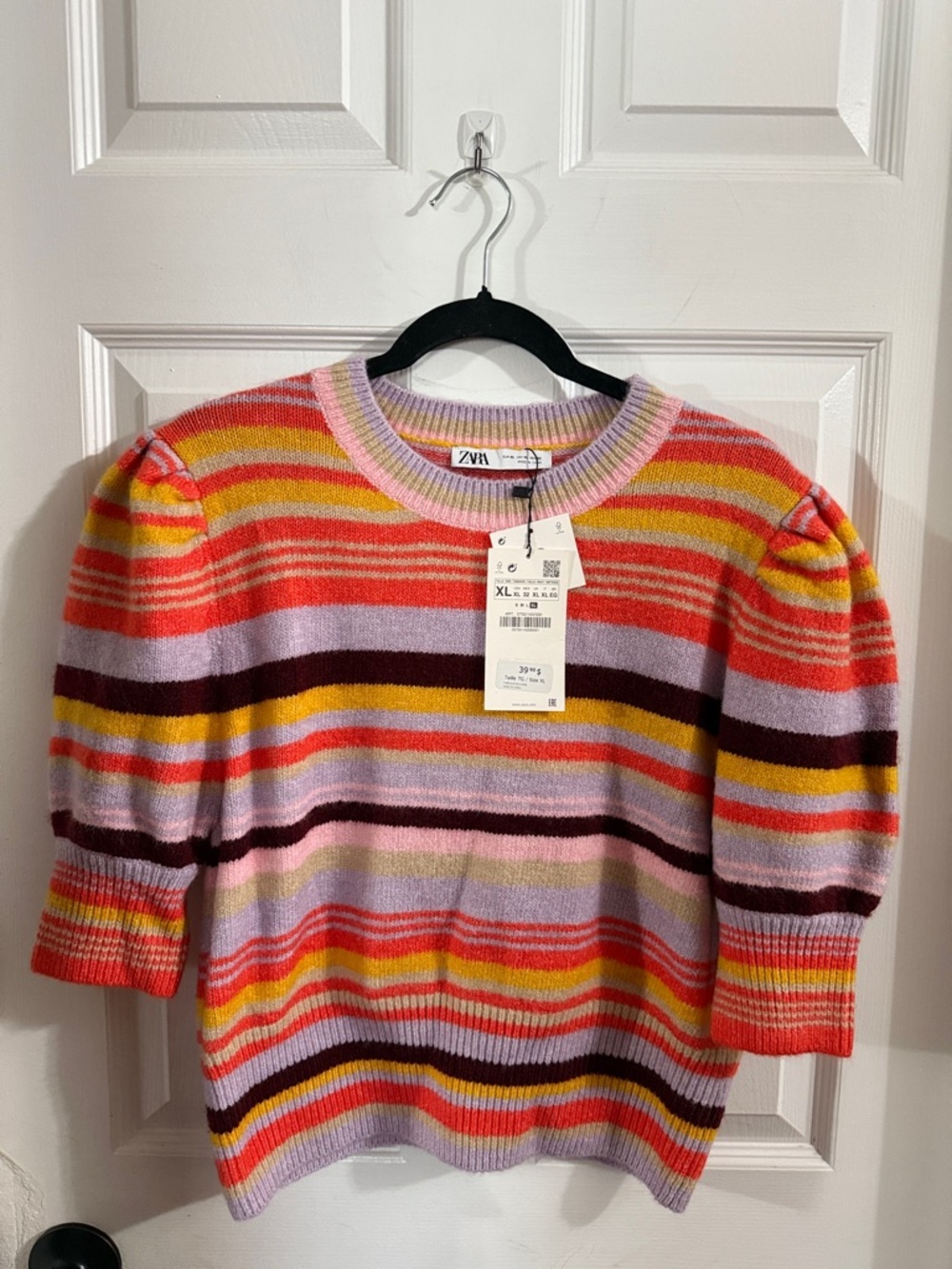 Zara Multicolor Striped Puff-Sleeve Sweater - Pink/Yellow/Red